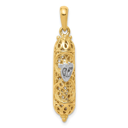 14k Yellow Gold  White Rhodium 3D Mezuzah Shin Charm Pendant for Women