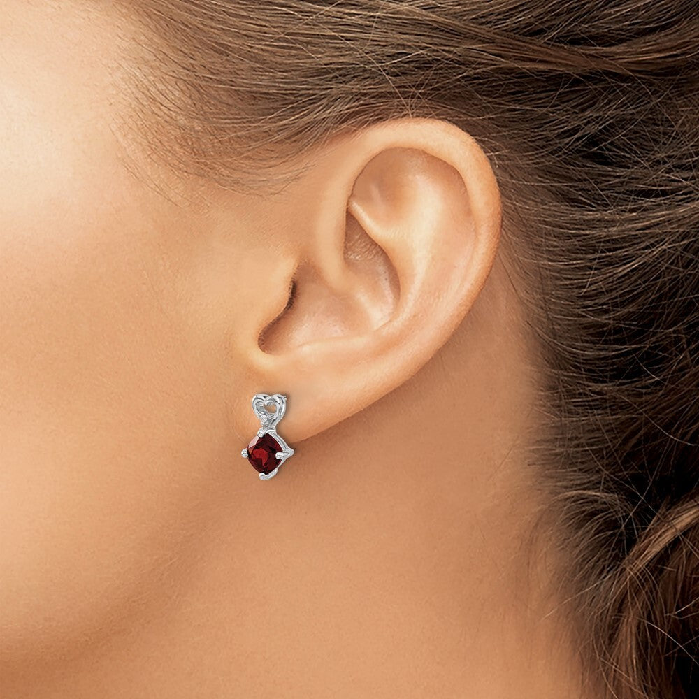 14k White Gold Garnet and Diamond Heart Drop & Dangle Earrings