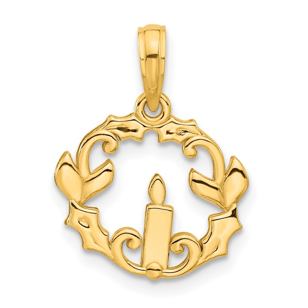14k Yellow Gold Polished Candle with Holly Circle Pendant for Women