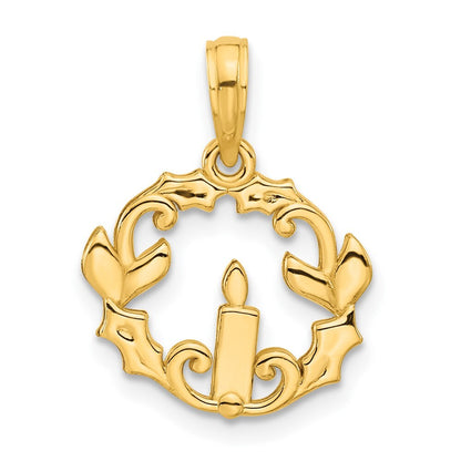 14k Yellow Gold Polished Candle with Holly Circle Pendant for Women