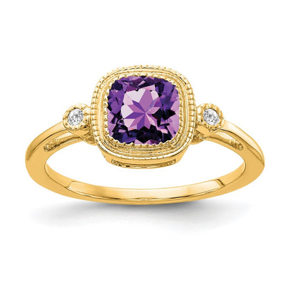 14K Yellow Gold Cushion Amethyst and Diamond Ring Size 7