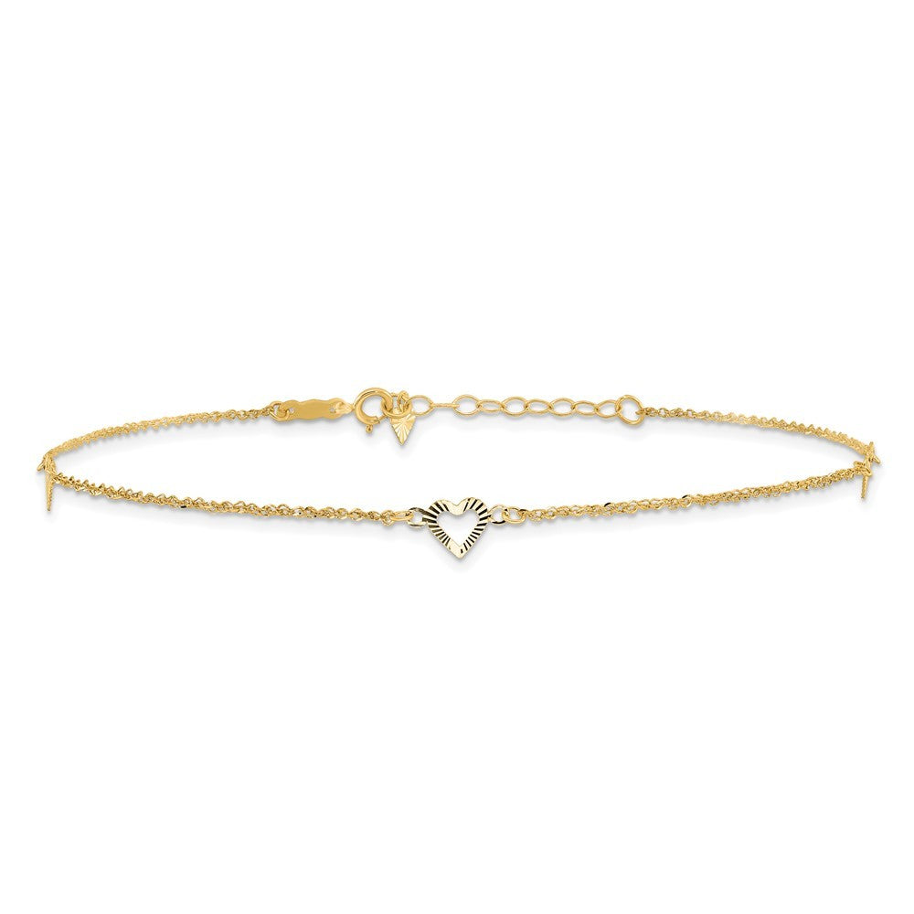 14k Yellow Gold Diamond-cut Hearts 3-Station 10" Anklet