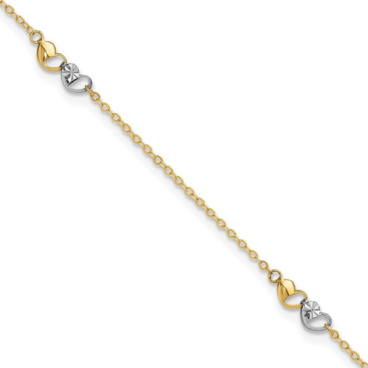 14k Two-tone Diamond-cut Double Hearts 3-Station 10" Anklet