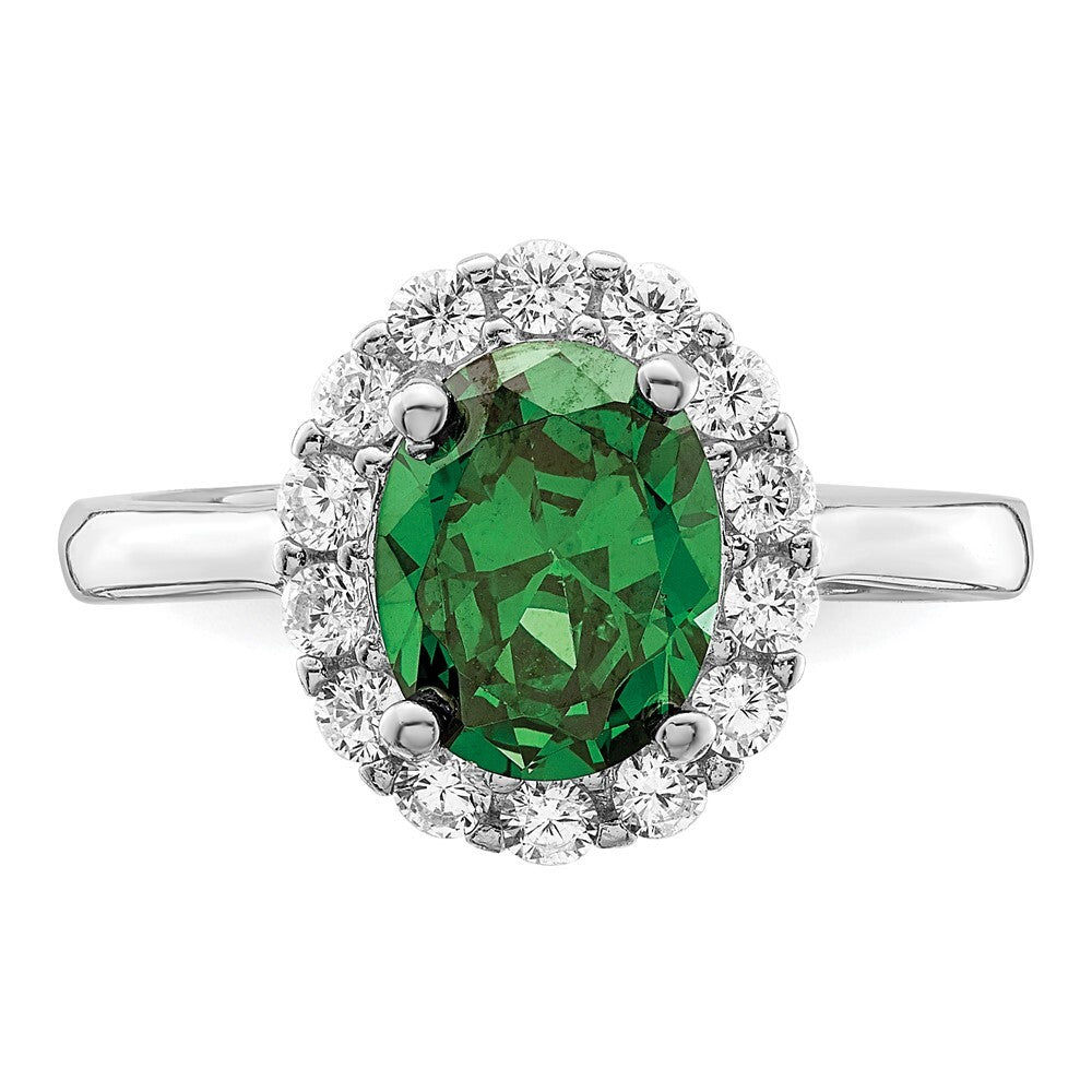 Sterling Silver Polished Rhodium-plated Green and Clear CZ Ring Size 8