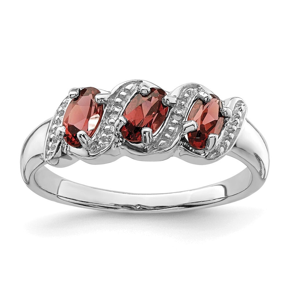 Sterling Silver Rhodium-plated 3 Stone Garnet & Diamond Ring Size 6