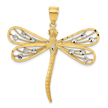 14k Yellow Gold Rhodium Diamond-cut Filigree Dragonfly Pendant for Women