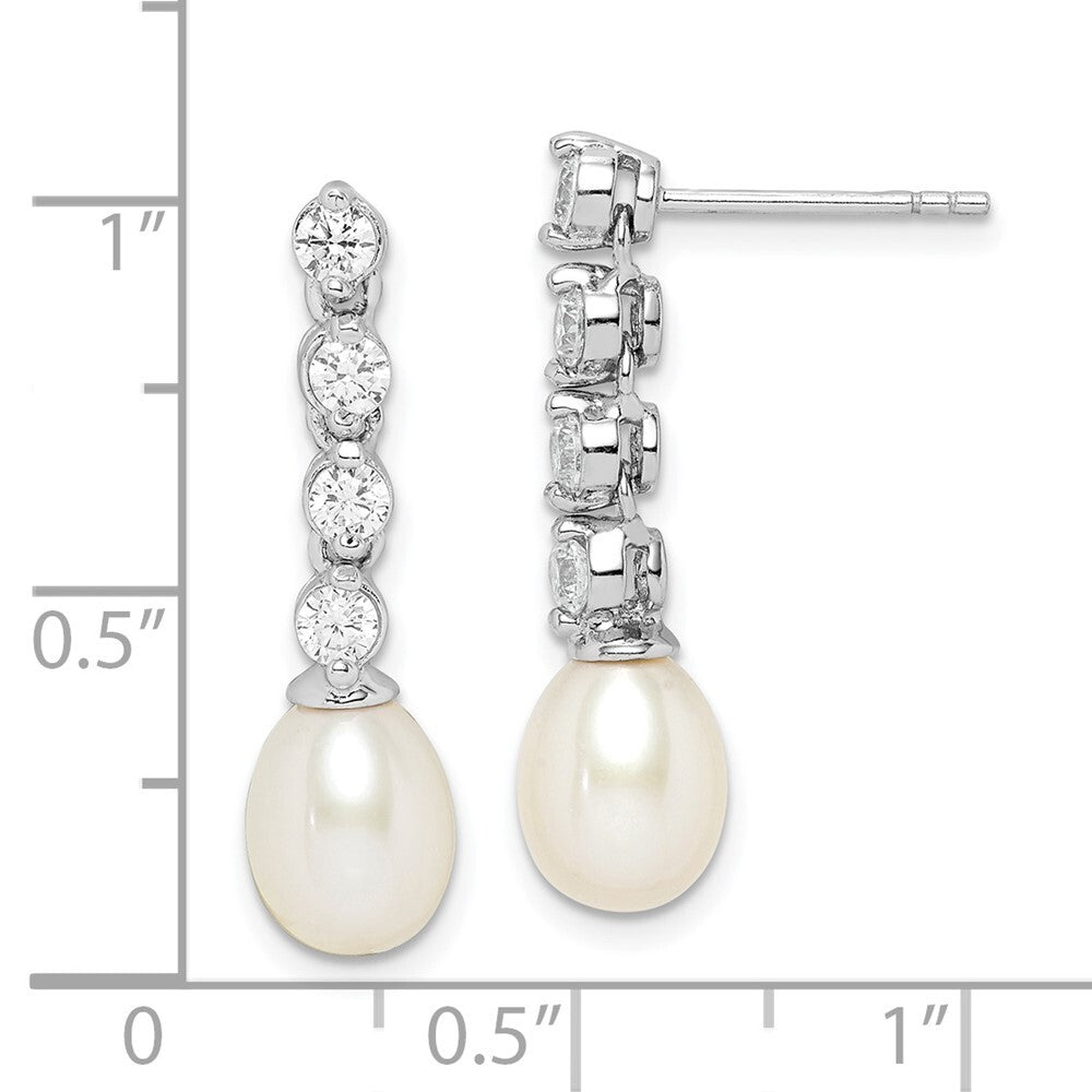 Sterling Silver 7-8mm Rice Cultured Pearl & Cubic Zirconia Post Dangle Earrings
