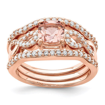 Sterling Silver Rose-tone 3 Piece Pink Crystal and Cubic Zirconia Ring Set SZ 8