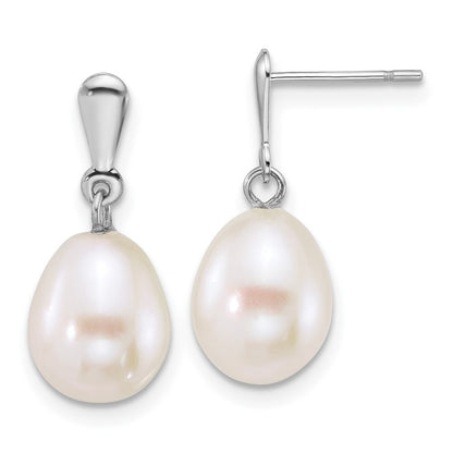 14k White Gold Polished 8-9mm Rice Freshwater Cultured Pearl Dangle Earrings