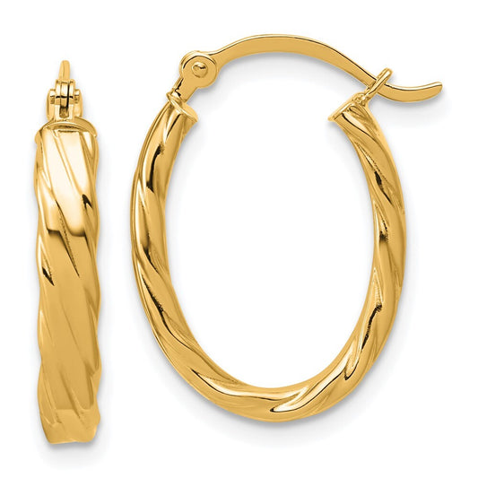 14k Yellow Gold 3mm Patterned Oval Hoop Earrings Gift for Women