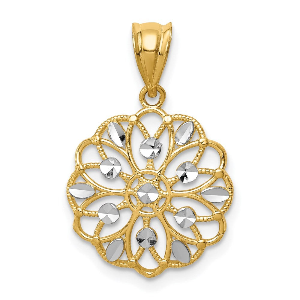 14k Yellow Gold and White Rhodium Diamond-Cut Round Pendant