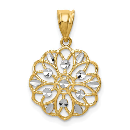 14k Yellow Gold and White Rhodium Diamond-Cut Round Pendant