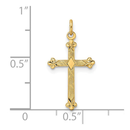 14k Yellow Gold Polished and Textured Solid Diamond Shape Cross Pendant