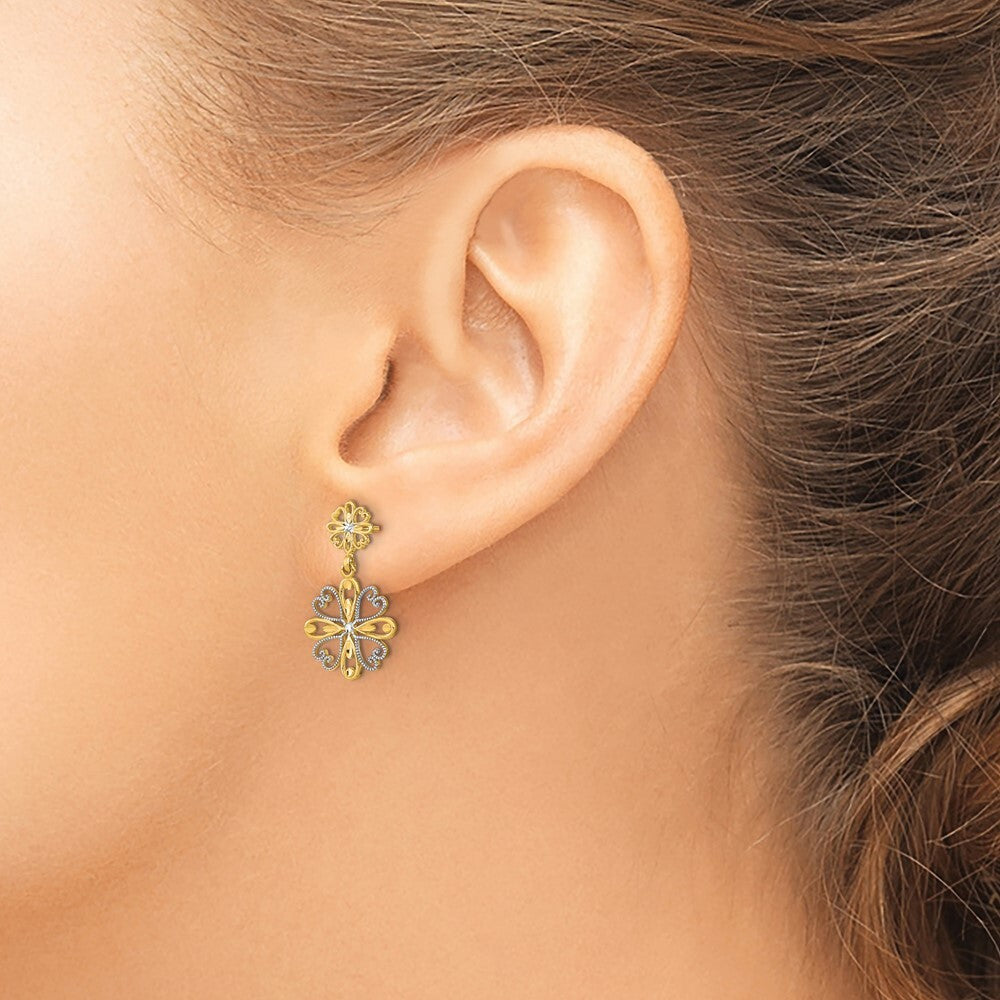 14k Yellow Gold Rhodium Beaded Heart Petal Floral Dangle Earrings