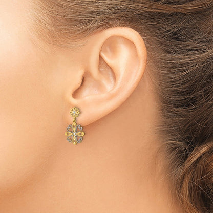14k Yellow Gold Rhodium Beaded Heart Petal Floral Dangle Earrings