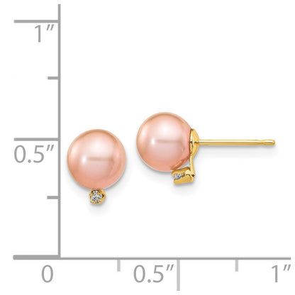 14k Yellow Gold 5-6mm Pink Cultured Pearl & .02 Carat Diamond Stud Earrings