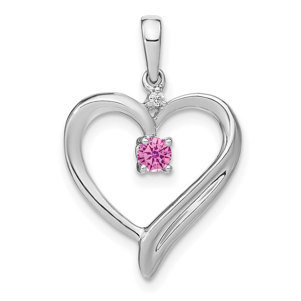 14k White Gold Created Pink Sapphire and Diamond Heart Pendant for Women