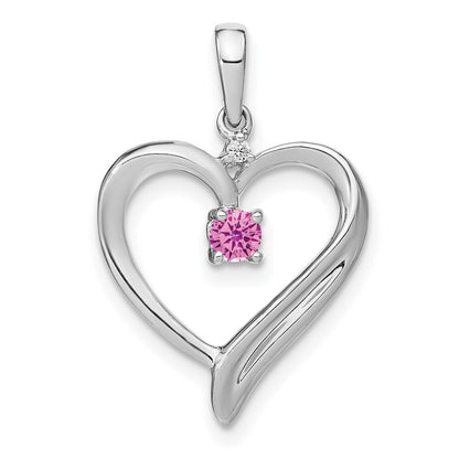 14k White Gold Created Pink Sapphire and Diamond Heart Pendant for Women