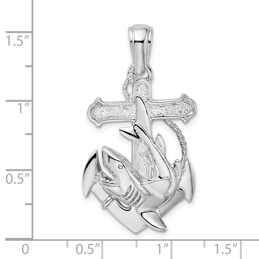 Sterling Silver Rhodium-Plated Polished Anchor with Shark Pendant