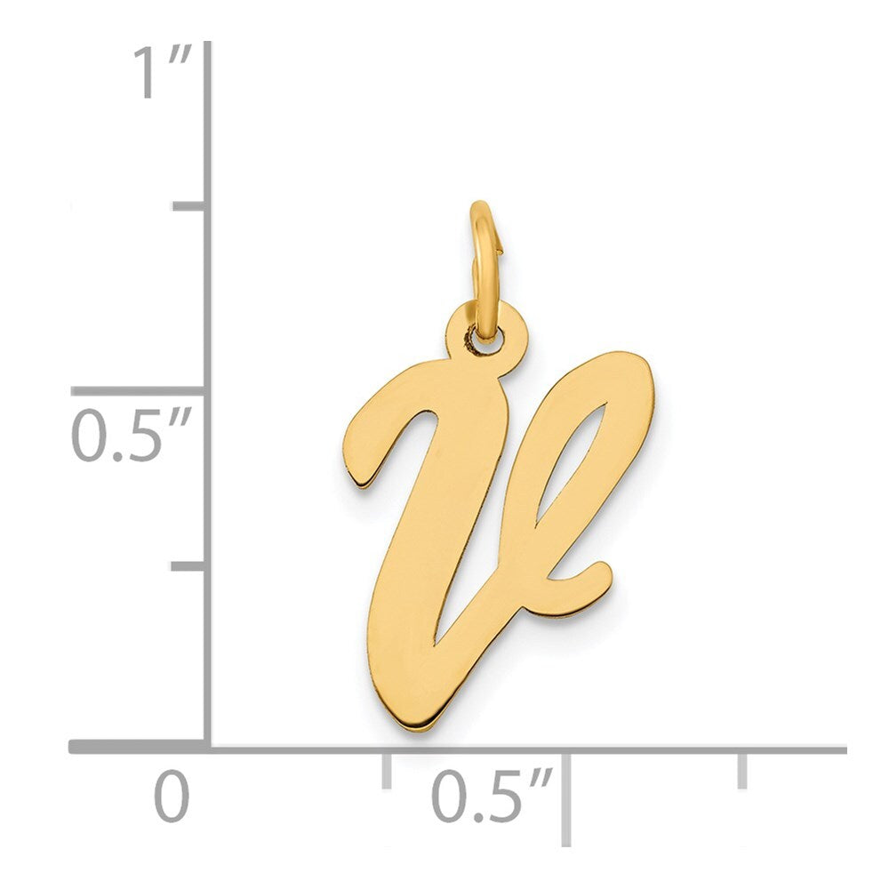 14k Yellow Gold Medium Script Letter V Initial Charm Pendant for Women