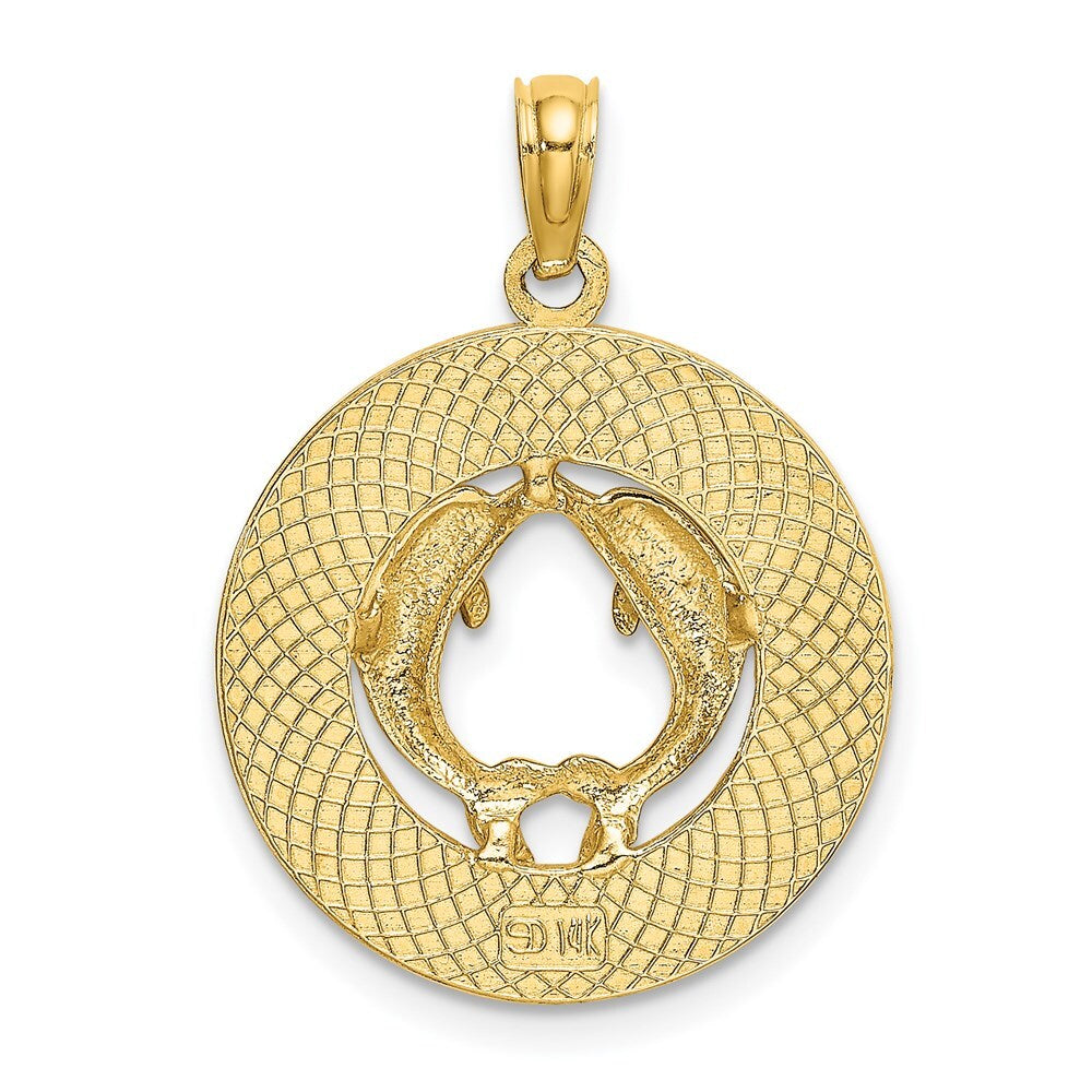 14k Yellow Gold BEAUFORT SC Dolphins Circle Charm Pendant for Women