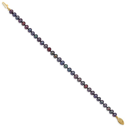 14k Yellow Gold 5-6mm Black Near-Round Freshwater Cultured Pearl 7.5" Bracelet