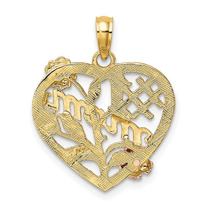 14k Two-tone Gold White Rhodium #1 MOM Heart Flower Charm Pendant