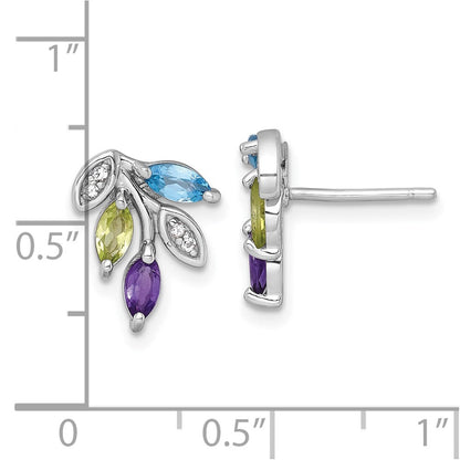 Sterling Silver Polished Amethyst, Peridot, and Blue and Topaz Leaf Earrings