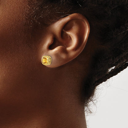 14k Yellow Gold Cushion Citrine Stud Earrings