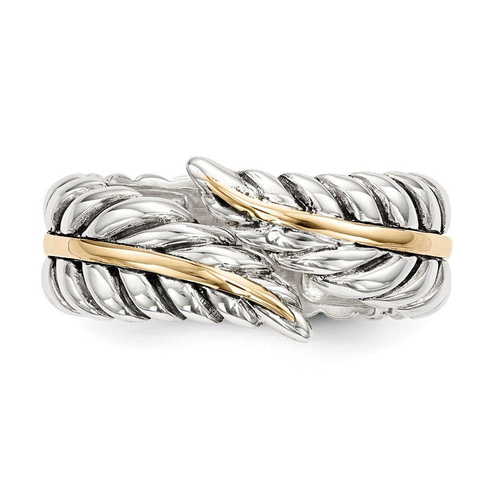 Sterling Silver 14k Antiqued Leaves Bypass Ring