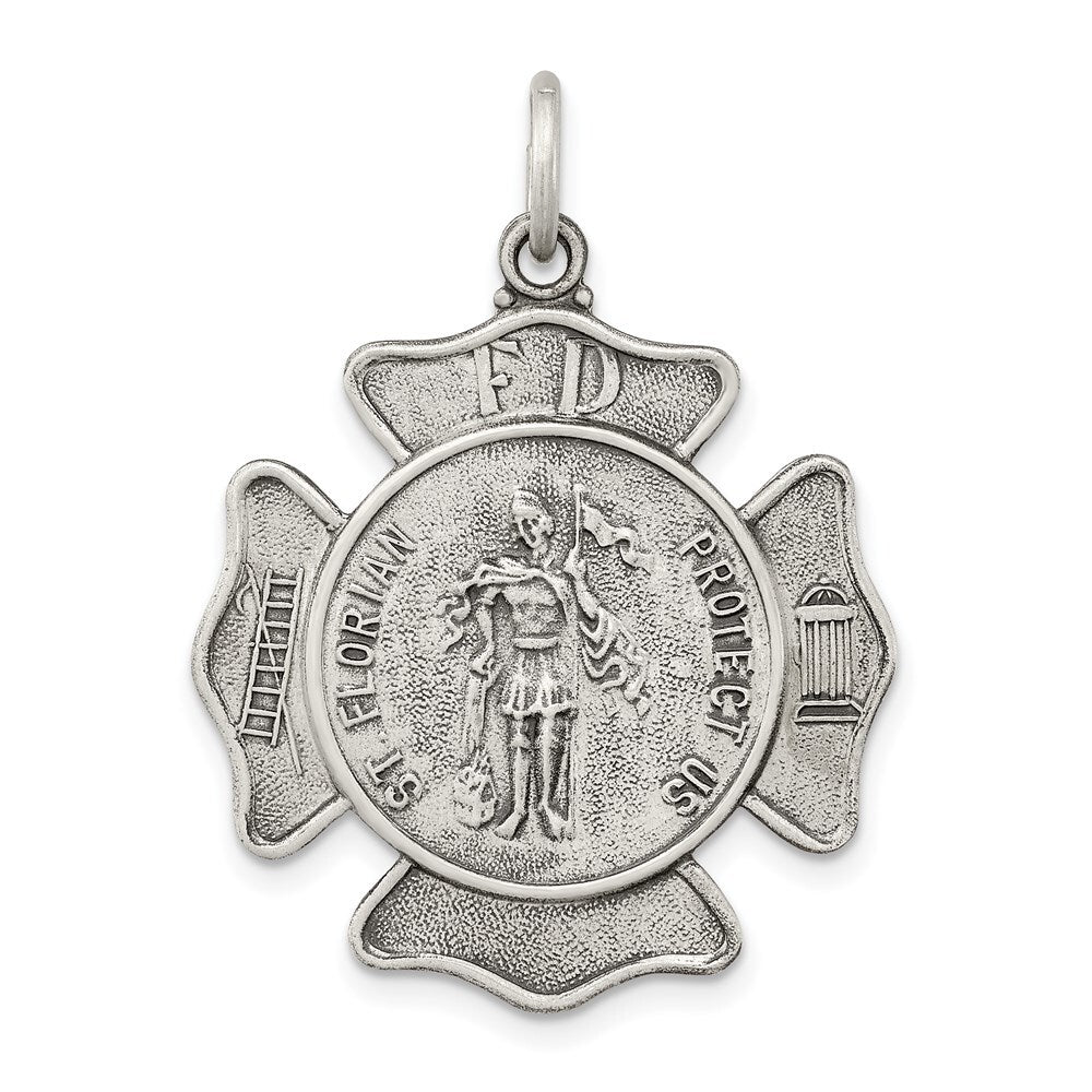 Sterling Silver Antiqued Saint Florian Badge Medal Pendant