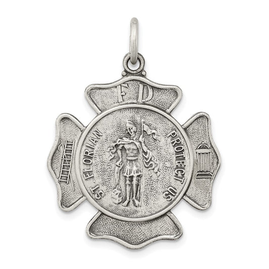 Sterling Silver Antiqued Saint Florian Badge Medal Pendant