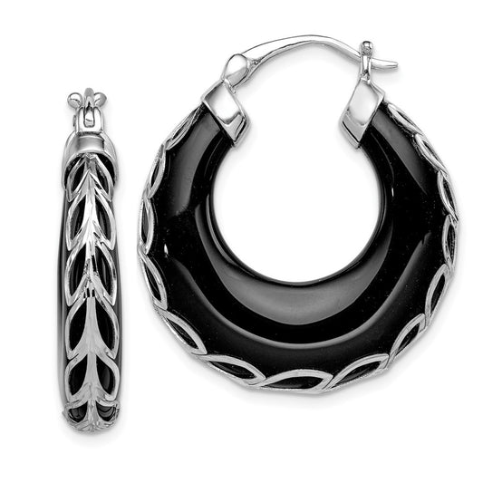 Sterling Silver Rhodium-plated Polished & Diamond-Cut Onyx Round Hoop Earrings
