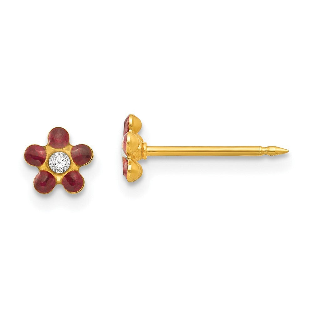 14k Yellow Gold January Red Crystal Birthstone Flower Stud Earrings