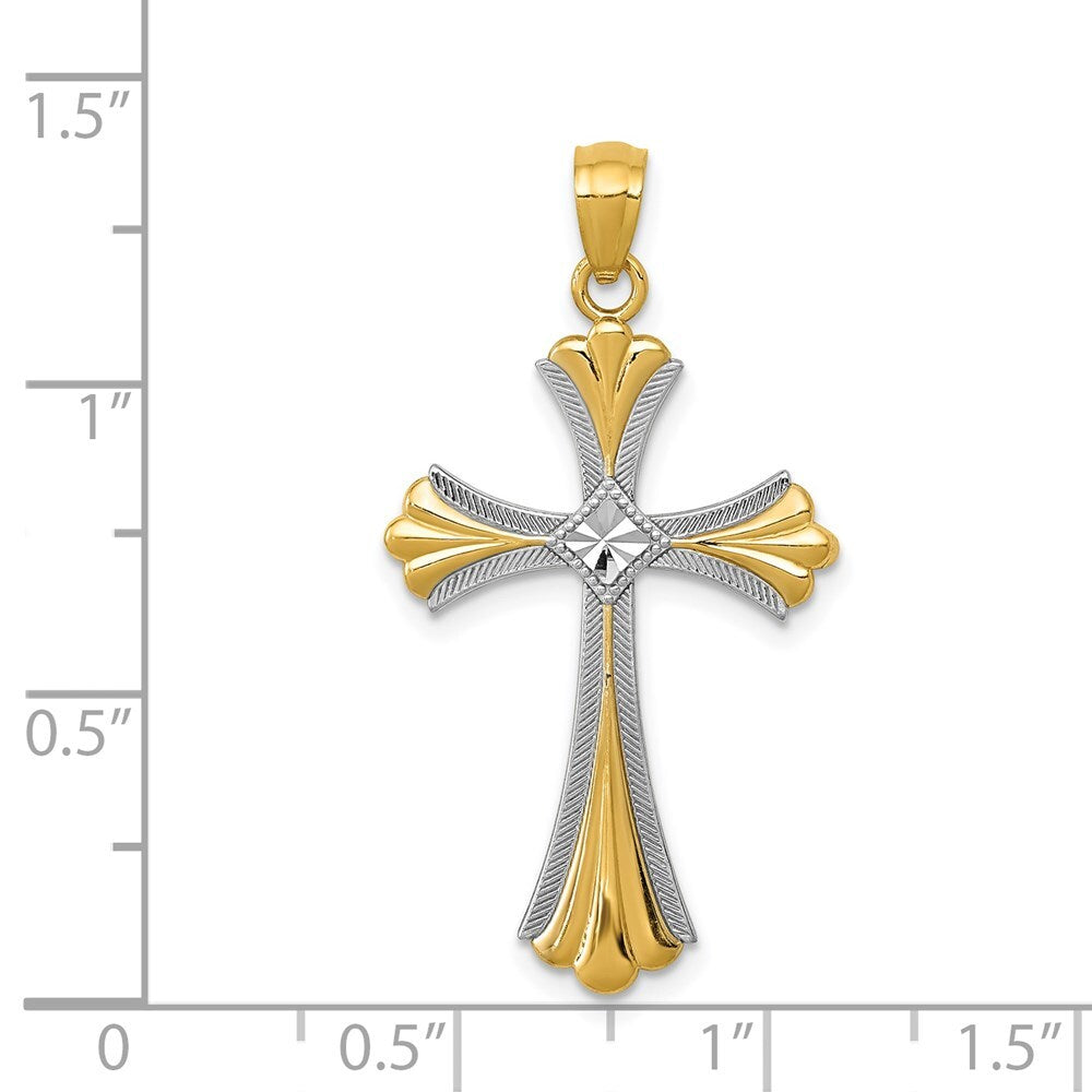 14k Yellow Gold Diamond-Cut Rhodium Budded Cross Pendant