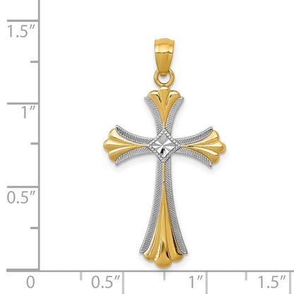 14k Yellow Gold Diamond-Cut Rhodium Budded Cross Pendant