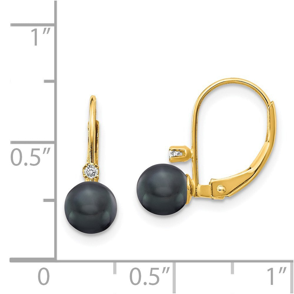 14k Yellow Gold 5-6mm Black FW Cultured Pearl AA Diamond Leverback Earrings