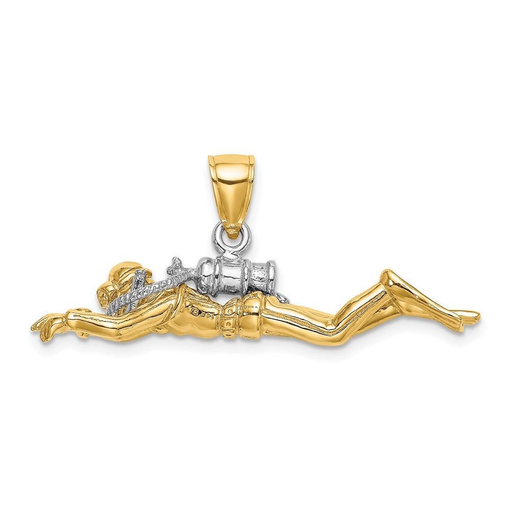 14k Yellow Gold w Rhodium 3-D Male Scuba Diver Charm