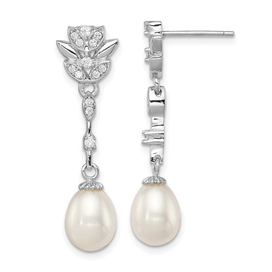Sterling Silver Teardrop Cultured Pearl & Cubic Zirconia Post Dangle Earrings