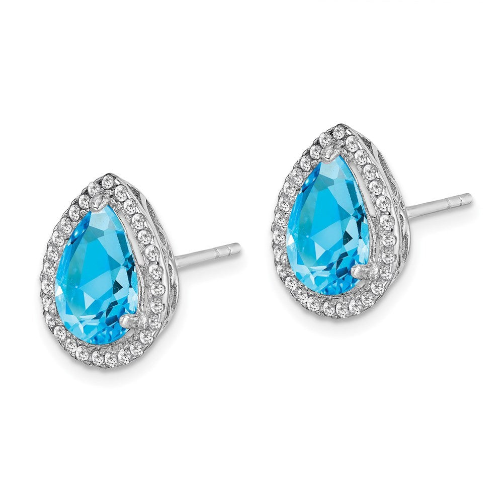 Sterling Silver Rhodium Polished Blue Topaz & CZ Earrings