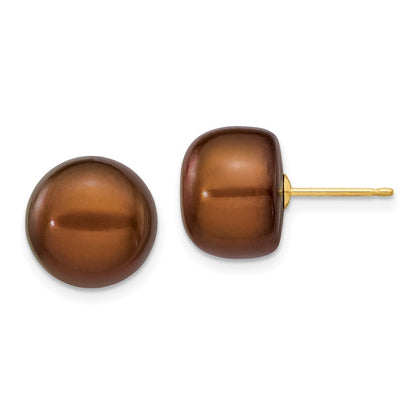 14k Yellow Gold 11-12mm Brown Button Freshwater Cultured Pearl Stud Earrings