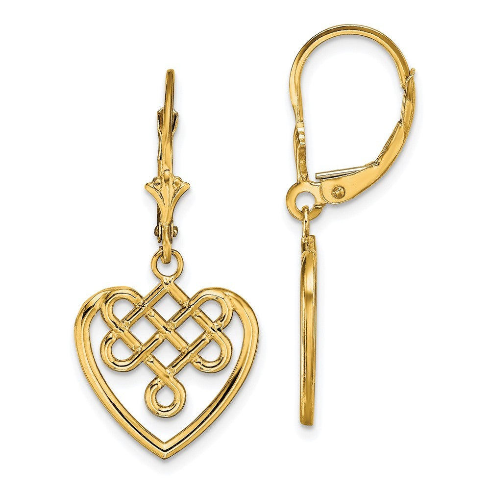 14k Yellow Gold Celtic Knot Heart Drop Dangle Earrings