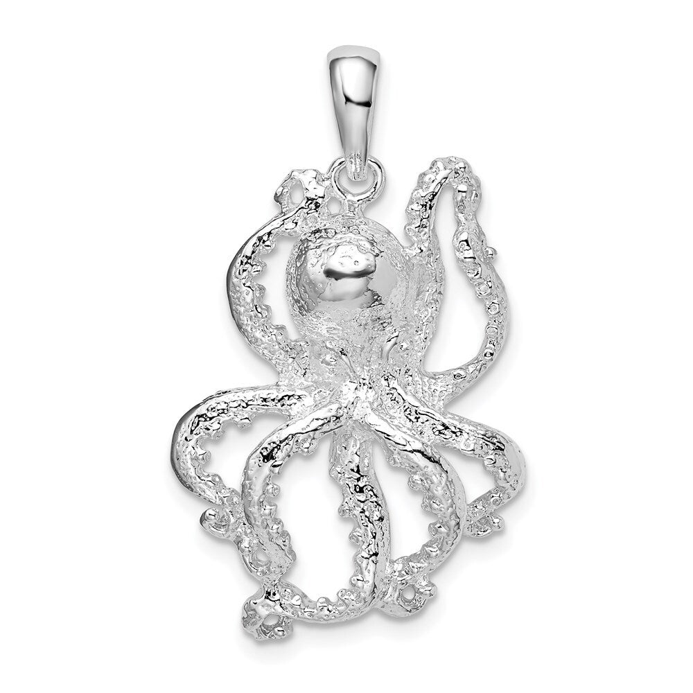 Sterling Silver Rhodium-Plated Polished Textured Octopus Pendant