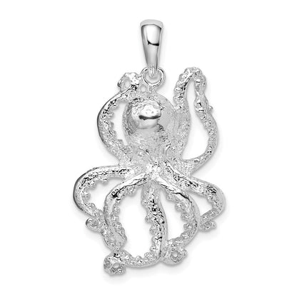 Sterling Silver Rhodium-Plated Polished Textured Octopus Pendant