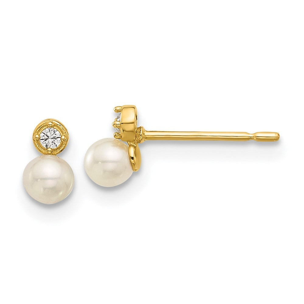 14k Yellow Gold Polished CZ and Freshwater Cultured Pearl Earrings
