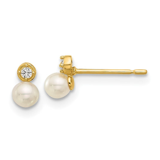 14k Yellow Gold Polished CZ and Freshwater Cultured Pearl Earrings