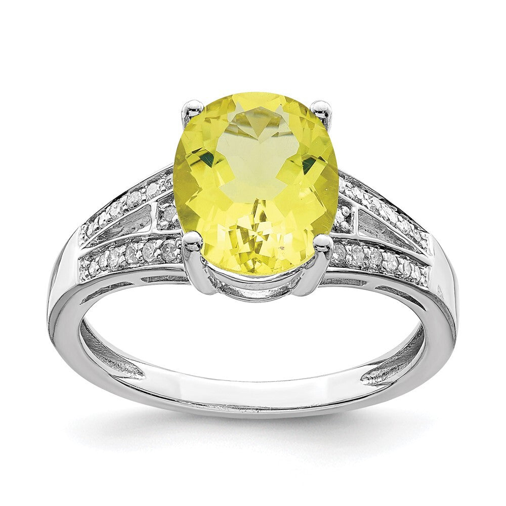 Sterling Silver Rhodium Diamond & Oval Lemon Quartz Ring Size 7