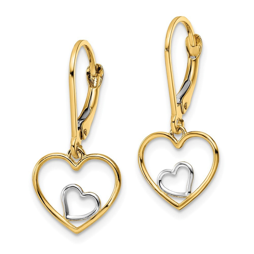 14k Yellow Gold w/Rhodium Heart in Heart Leverback Dangle Earrings