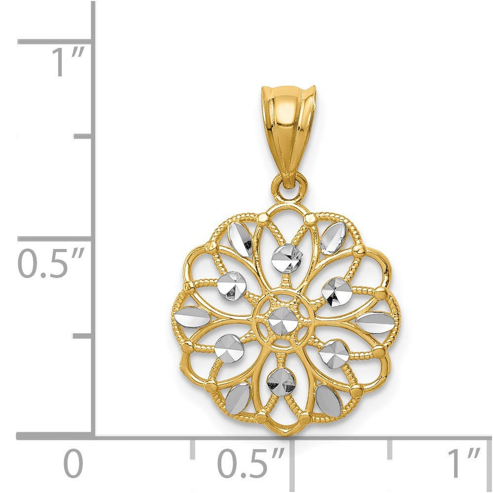 14k Yellow Gold and White Rhodium Diamond-Cut Round Pendant
