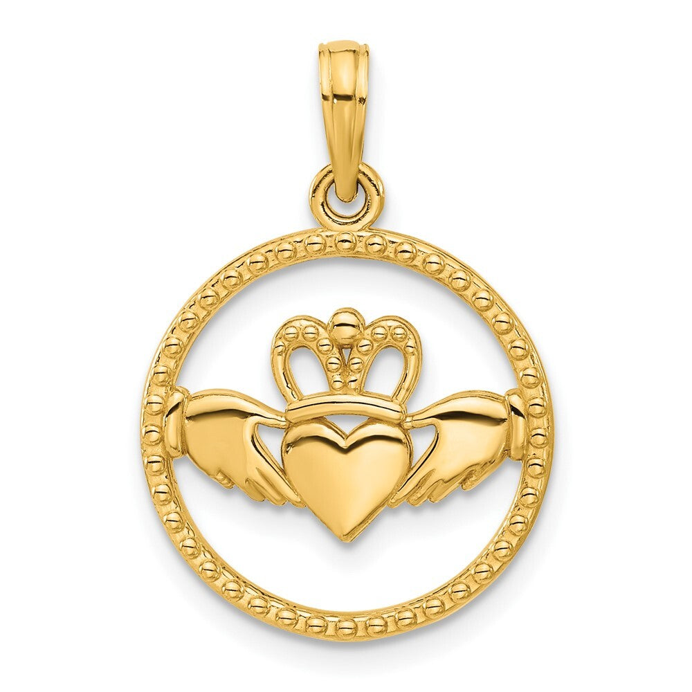 14k Yellow Gold Polished Circle Claddagh Pendant